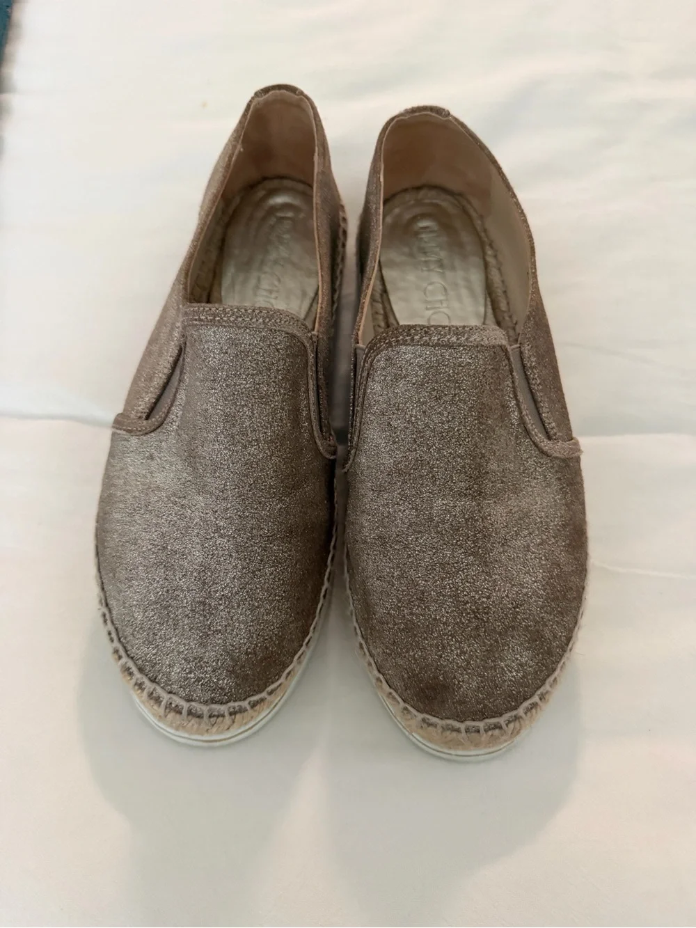 Jimmy Choo Metallic Taupe Slip-On Espadrilles